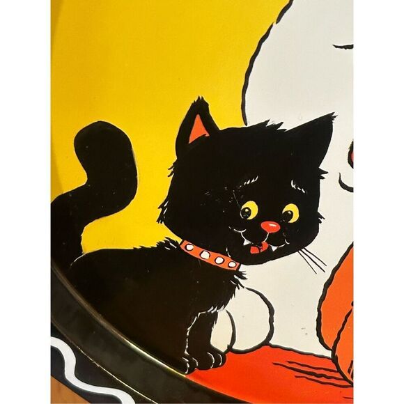 Halloween Serving Tin Metal Tray Ghost Jack O Lantern Black Cat 12” and 1" deep - Picture 8 of 9